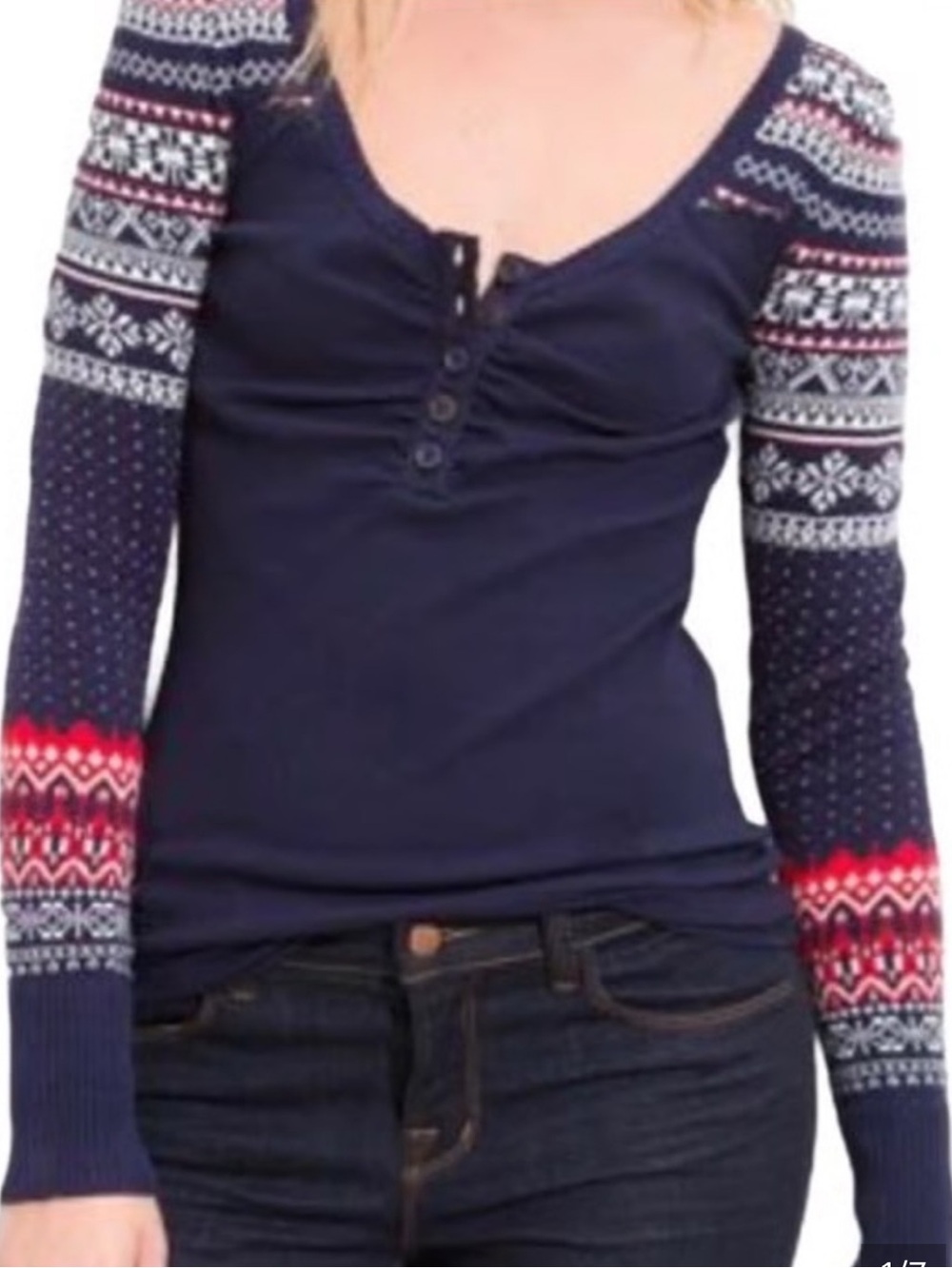 We The Free Navy Henley Top with Fair Isle Long Sleeves